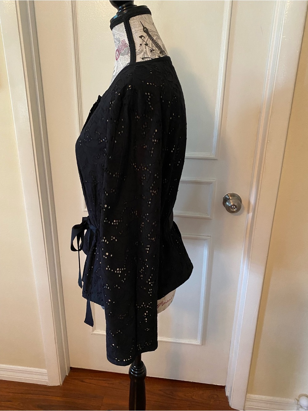 LOFT Eyelet Peplum Jacket Black Tie Waist Cotton Size 10 - Picture 4 of 14